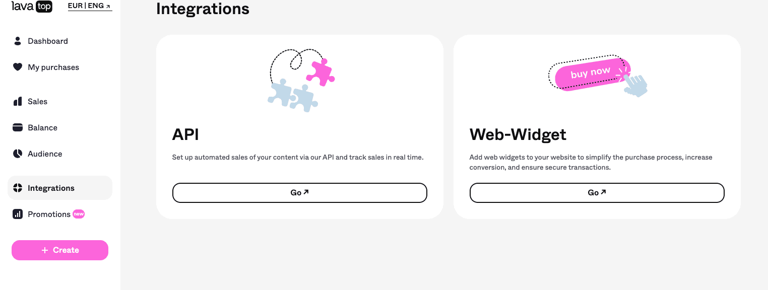 بخش «Integrations» در lava.top: کارت‌های API و Web-Widget