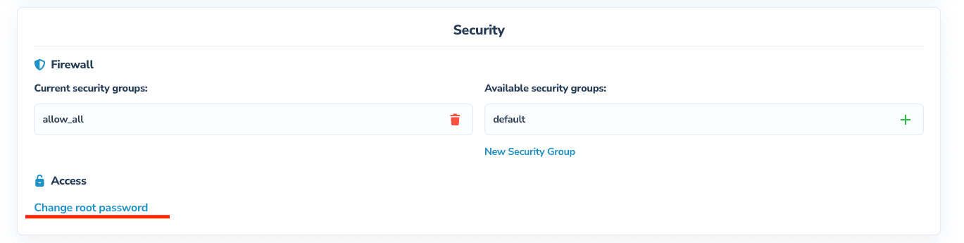 The Security → Access block with the "Change root password" link