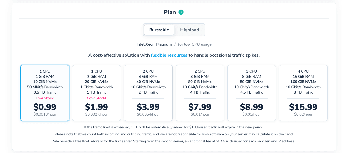 Plan selection: the cheapest $0.99 plan is highlighted