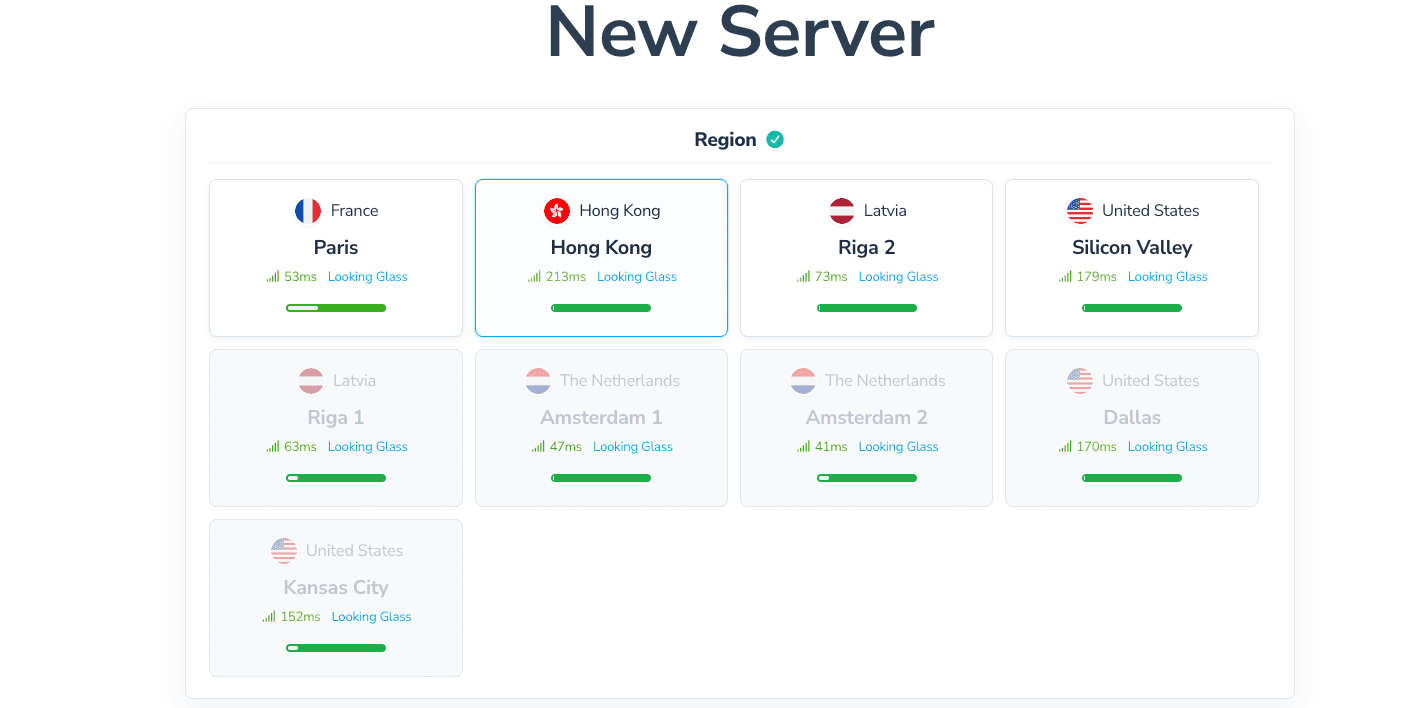 Region selection: city cards with ping to your location