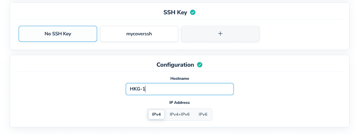 No SSH Key option and the Configuration block with the server name and IPv4